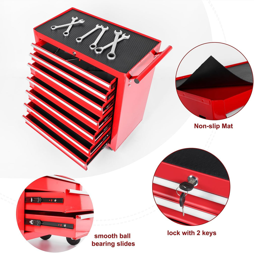 7 Drawers Rolling Tool Cart on Wheels, Multifunctional Metal Tool Storage Cabinet, Lock Tool Trolley Organizer Drawers Tool Box Tool Chest for Garage, Warehouse, Workshop, Repair Shop (RED)