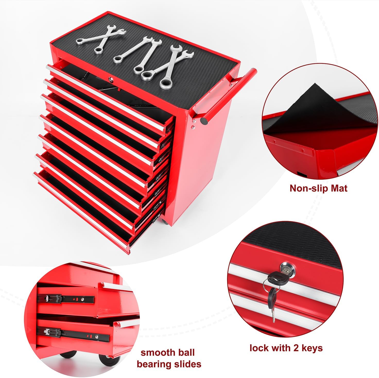 7 Drawers Rolling Tool Cart on Wheels, Multifunctional Metal Tool Storage Cabinet, Lock Tool Trolley Organizer Drawers Tool Box Tool Chest for Garage, Warehouse, Workshop, Repair Shop (RED)