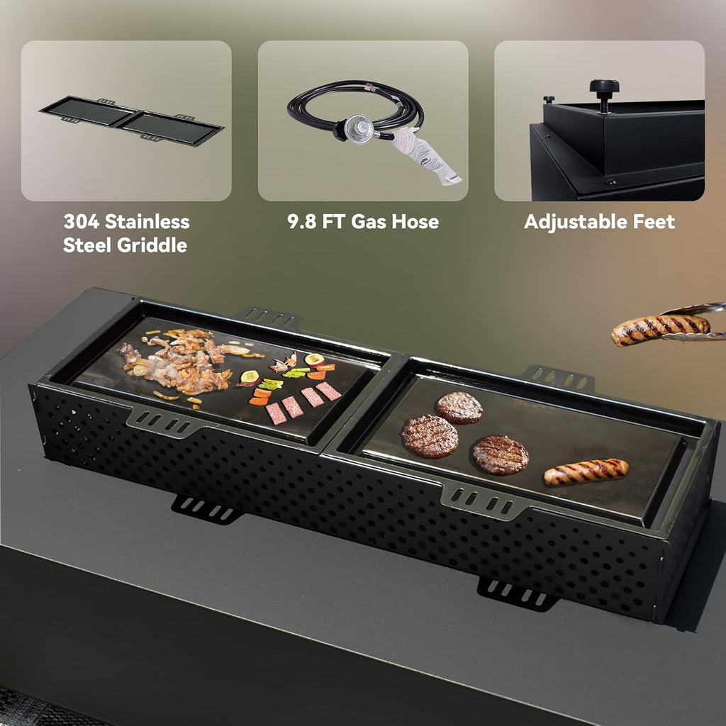 42 Inch Propane Fire Pit Table, 3-piece Outdoor Rectangular Fire Pit, 50,000BTU Firepits for Outside Patio with Hidden Tank Table, Griddle, Wind Guard, Lid, Black