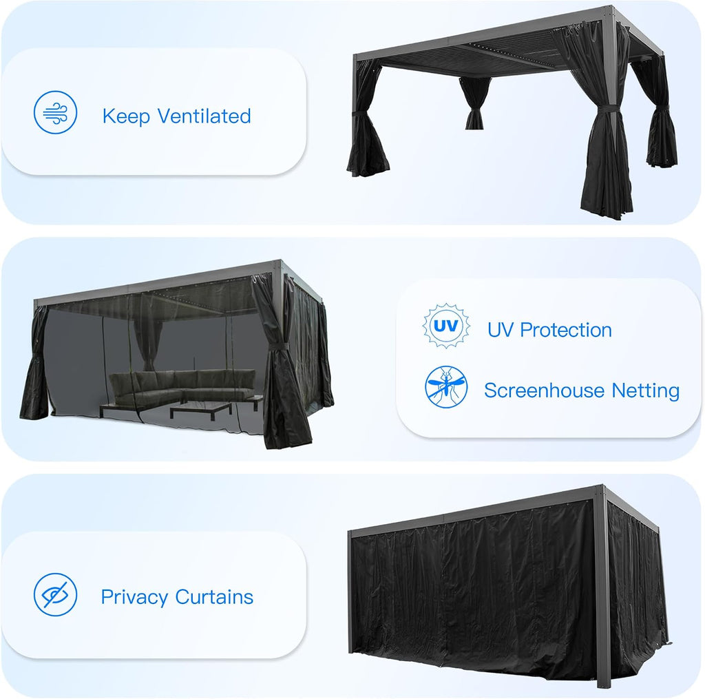 Domi 10x13FT Louvered Pergola, Full Aluminum Pergola with Adjustable Louvered Roof, Outdoor Pergola with Waterproof Curtains and Netting, Gray