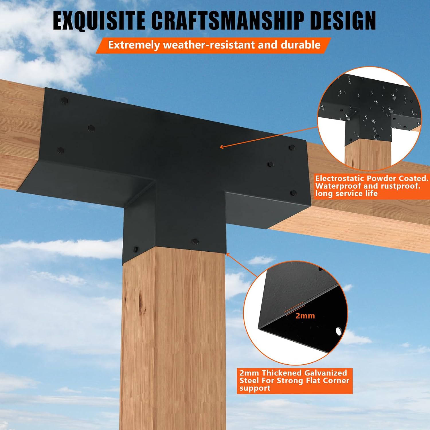 2Pack Pergola DIY Bracket Kits 6x6,3-Way T-Shaped Horizontal Post Brackets for 6'x6'(Actual:5.5'x5.5') Wood Beams,Heavy Duty Metal Brackets for Outdoor Pavilion,Proch,Log Cabin