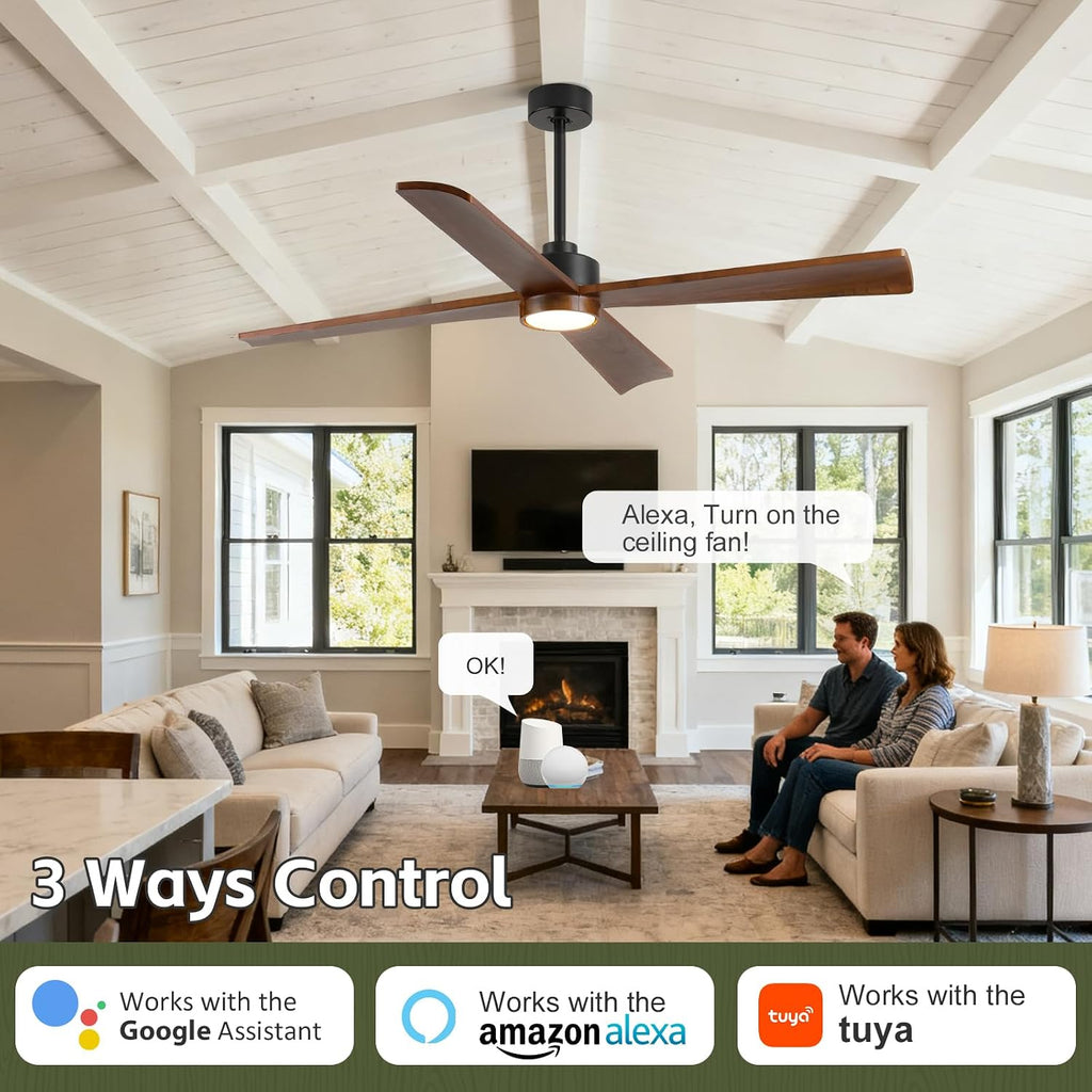 52 Inch Outdoor Ceiling Fan with Lights for Patio, Modern Rustic Farmhouse Smart Ceiling Fan, Solid Wood Blades, Reversible Energy Large Airflow with 3 Downrods for Bedroom Indoor Exterior Commercial