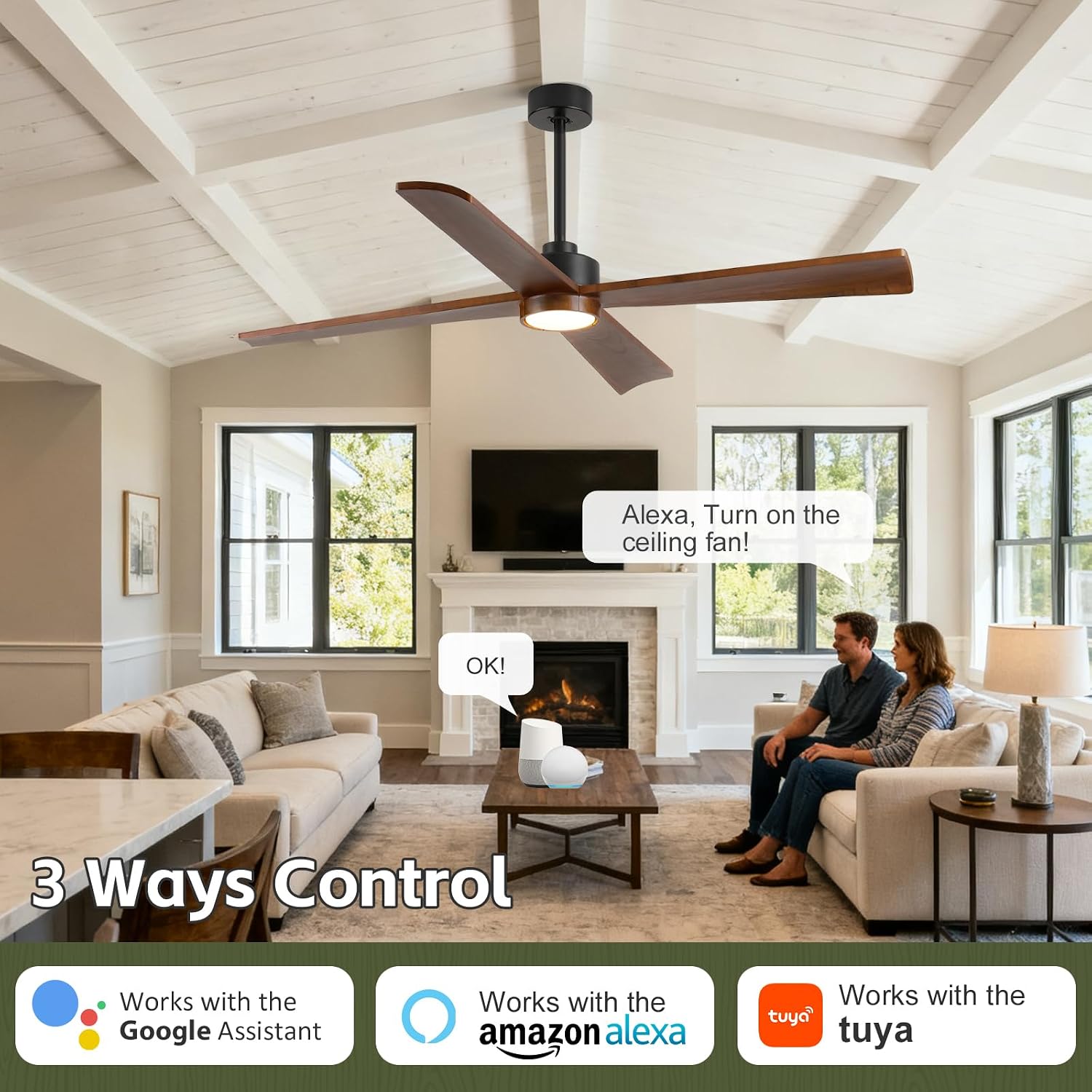 52 Inch Outdoor Ceiling Fan with Lights for Patio, Modern Rustic Farmhouse Smart Ceiling Fan, Solid Wood Blades, Reversible Energy Large Airflow with 3 Downrods for Bedroom Indoor Exterior Commercial