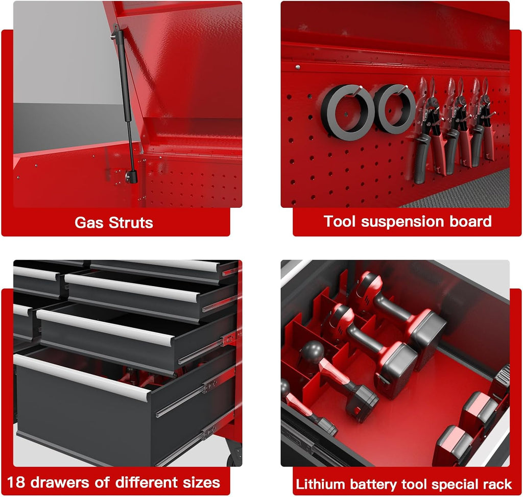 AIRAJ 18-Drawer Heavy-Duty Rolling Tool Chest,56' Garage Workbench Storage Tool Cabinet with Anti-Slip Liners,Two Integrated Power Strip,Locking System,Rolling Tool Box for Garage Storage,Workshop