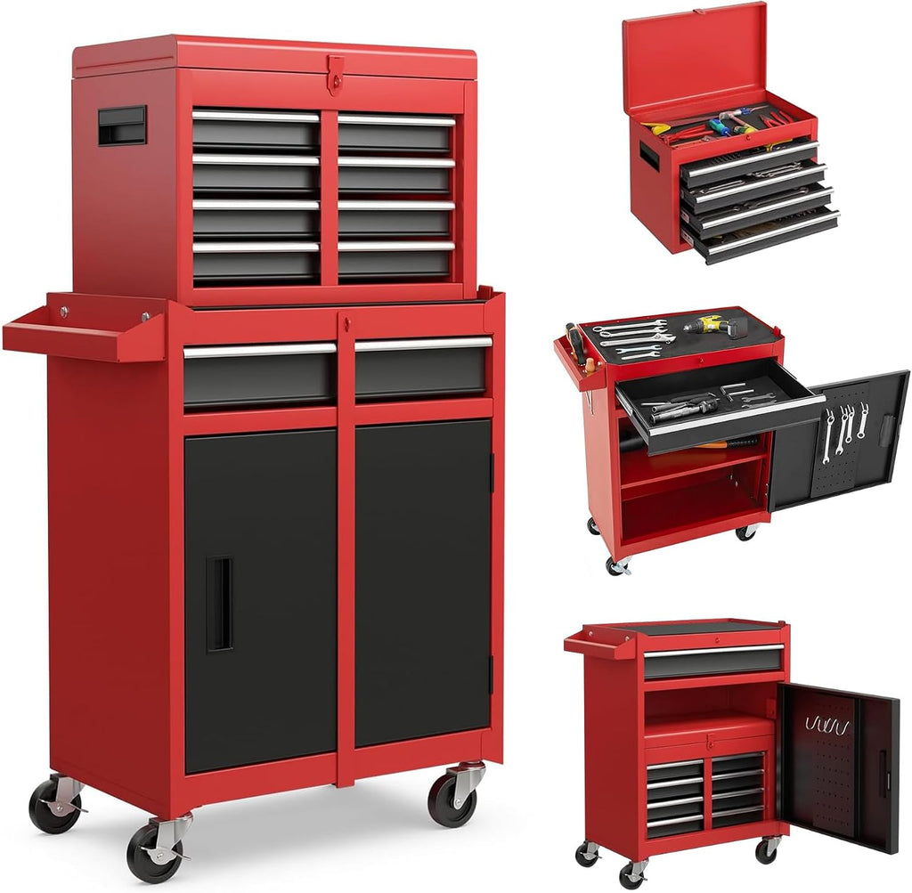5-Drawer Rolling Tool Chest & Cabinet With Detachable Top Box - Heavy-Duty Metal Tool Cart With 4 Hooks, Lockable Drawers & 4 Wheels For Garage, Workshop, And Automotive Organization, (Red)