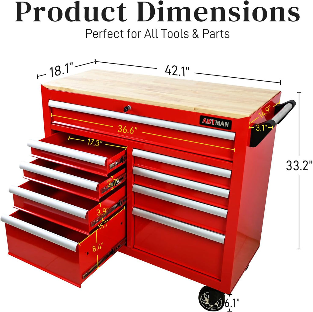 Rolling Tool Chest with Wheels, 9 Drawer Metal Tool Cabinet, Large Tool Cart for Garage, Warehouse, Workshop, Repair Shop, Red