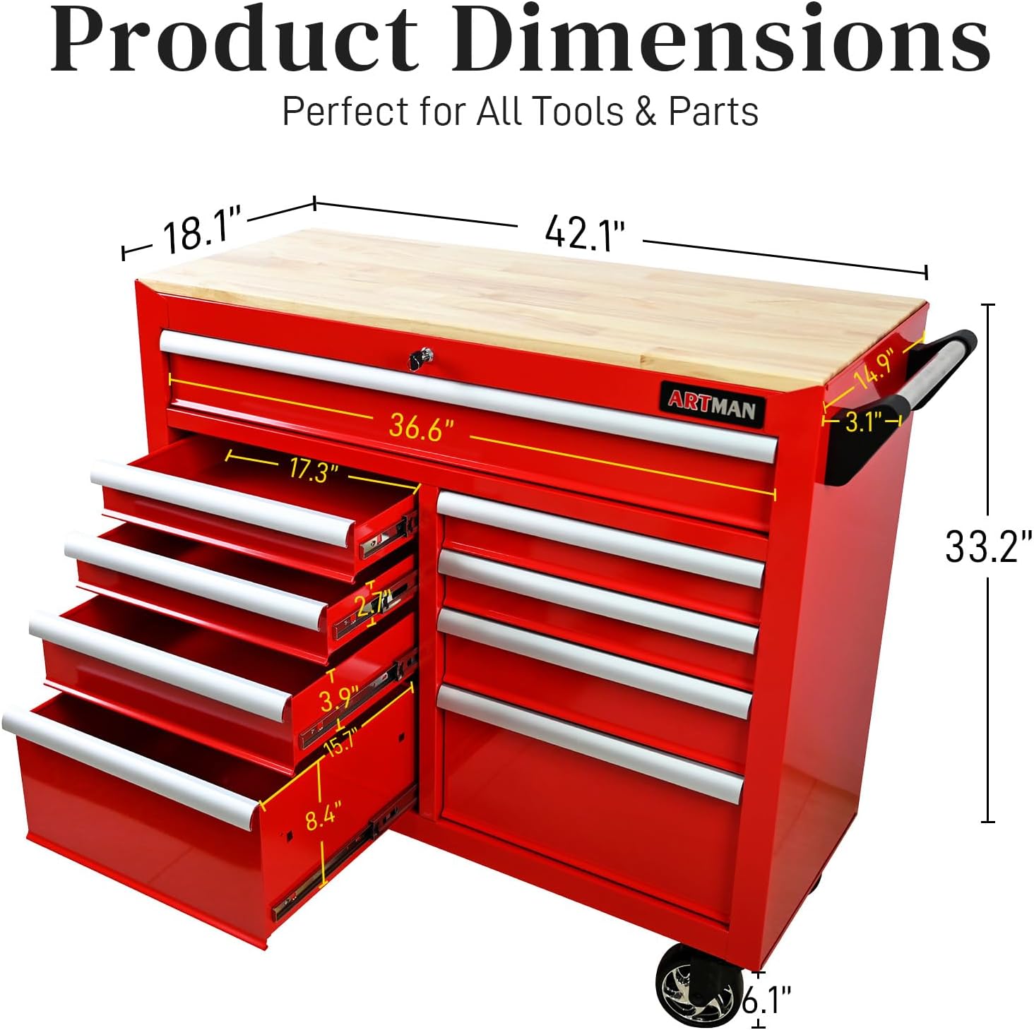 Rolling Tool Chest with Wheels, 9 Drawer Metal Tool Cabinet, Large Tool Cart for Garage, Warehouse, Workshop, Repair Shop, Red
