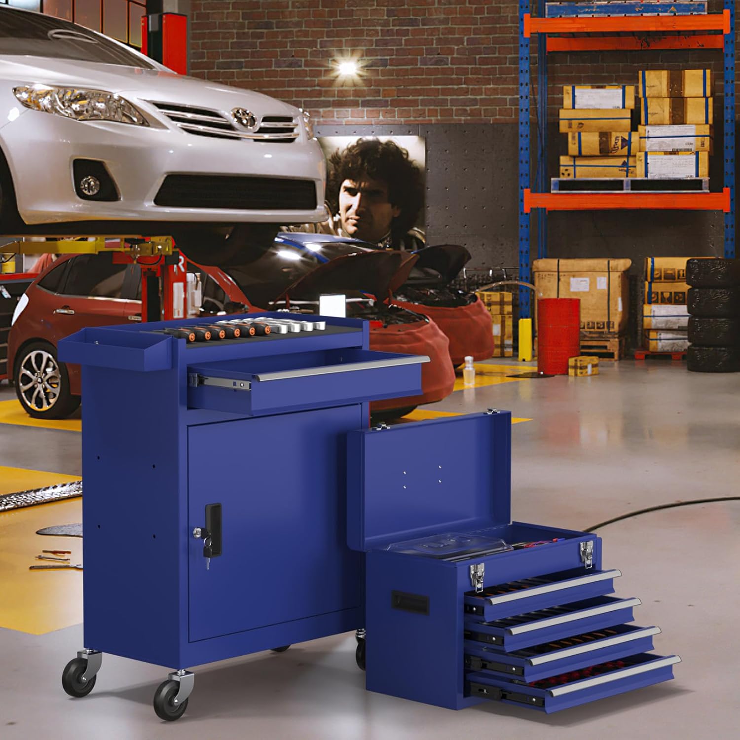 5-Drawers Tool Chest, 2-in-1 Rolling Tool Box with Wheels and Drawers, Detachable Storage Toolbox with Lock, Heavy-Duty Metal Tool Cart for Garage, Workshop (Blue)