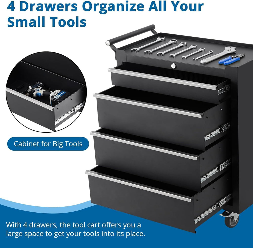 4-Drawer Tool Chest With Wheels, Rolling Tool Cart With Caster Wheels, Sliding Drawers and Protective Liner, Lockable Storage Cabinet for Garage, Workshop, Warehouse