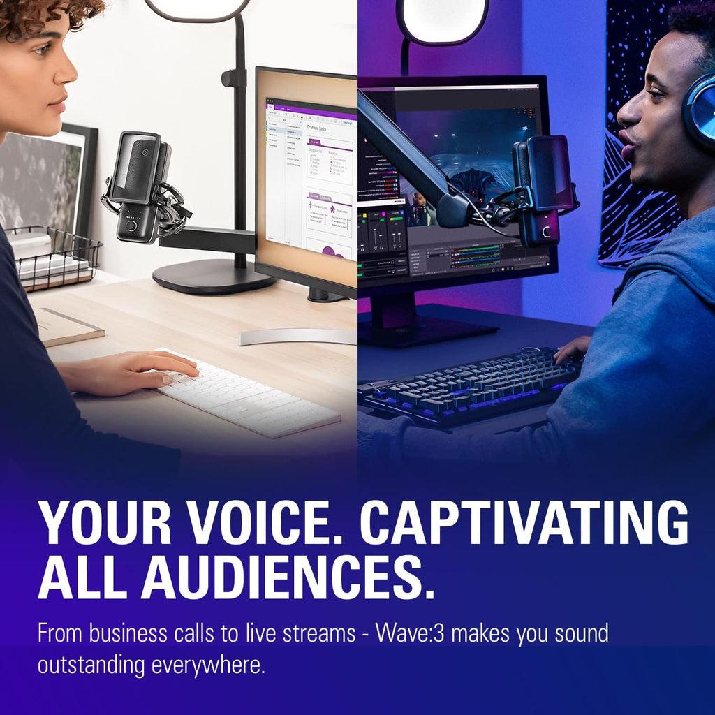 Elgato Wave:3 - Premium Studio Quality USB Condenser Microphone for Streaming, Podcast, Gaming and Home Office, Free Mixer Software, Sound Effect Plugins, Anti-Distortion, Plug 'n Play, for Mac, PC
