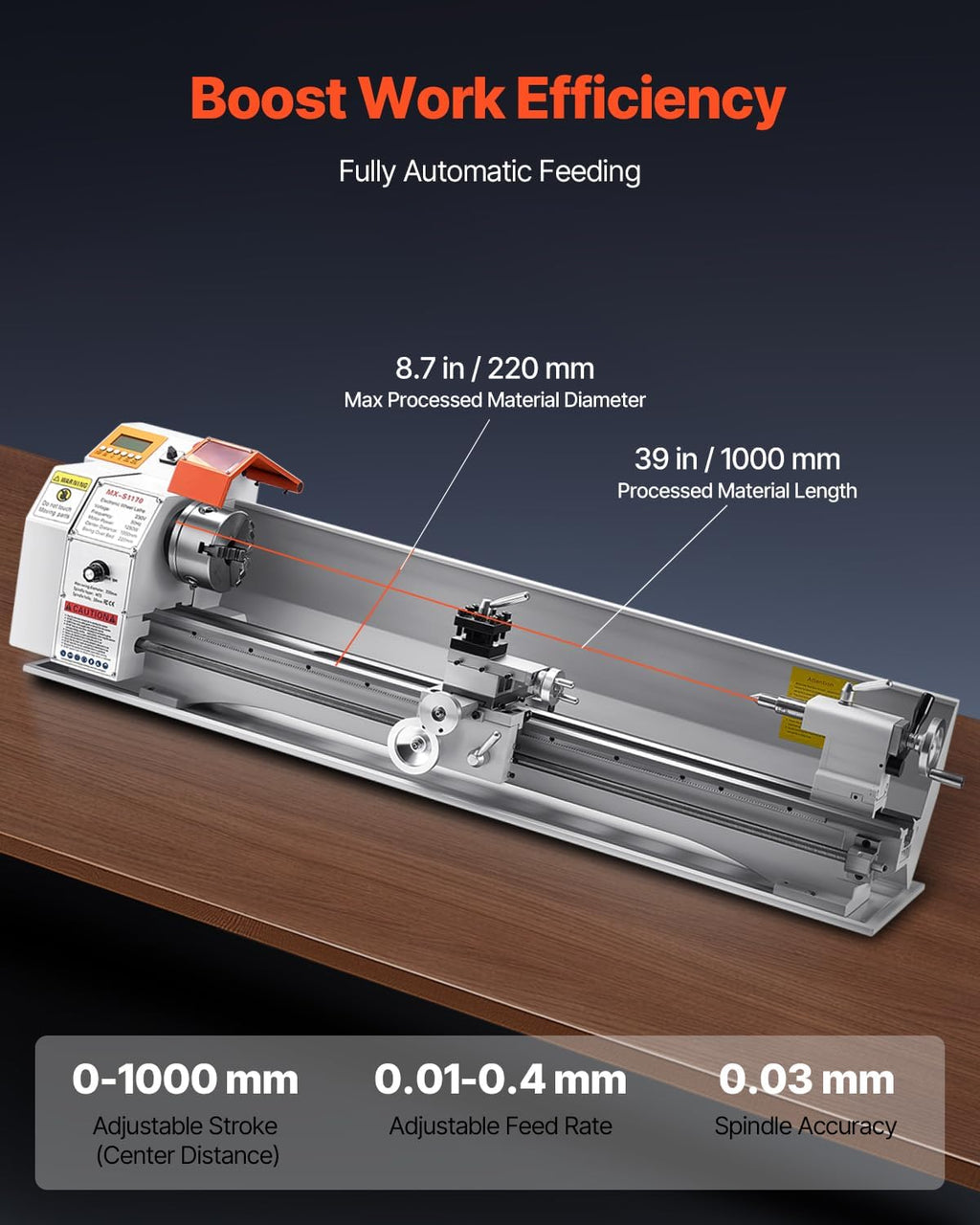VEVOR Metal Lathe Machine, 8.7 x 39 in, Precision Bench Power Metal Lathe, Automatic Feed, 0-2500 RPM Variable Speed, 1250W Brushless Motor, for Processing Precision Parts Soft Metals Wood Plastics
