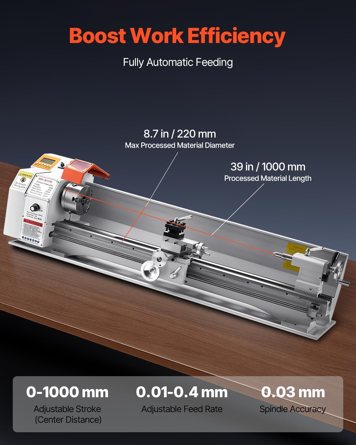 VEVOR Metal Lathe Machine, 8.7 x 39 in, Precision Bench Power Metal Lathe, Automatic Feed, 0-2500 RPM Variable Speed, 1250W Brushless Motor, for Processing Precision Parts Soft Metals Wood Plastics