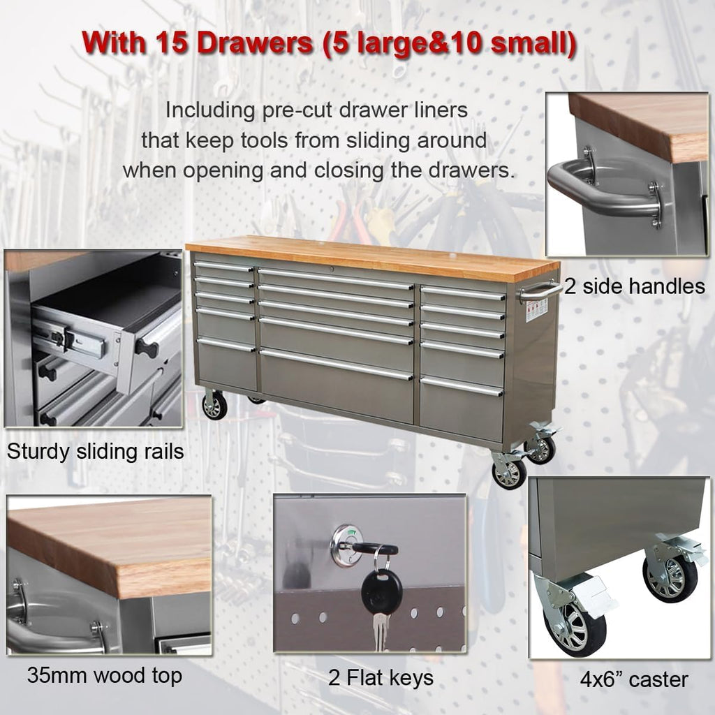 2 Pack - 72' Stainless Steel Rolling Tool Chest with 15 Drawers + 3 Upper Cabinets, Lockable Storage Cabinet, Large Mobile Workbench, Tool Box with Wheels for Garage (1 × HTC7218W1 + 1 × HTC7215W1)