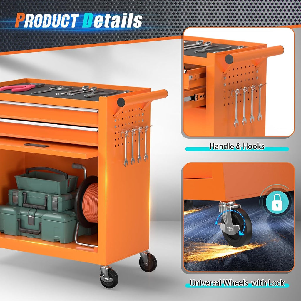 8-Drawer Rolling Tool Chest with Wheels, 2-in-1 Detachable Tool Box with Drawers and Large Cabinet, Rolling Tool Chest Storage Cabinet with Lockable for Warehouse, Garage, Workshop (Orange)