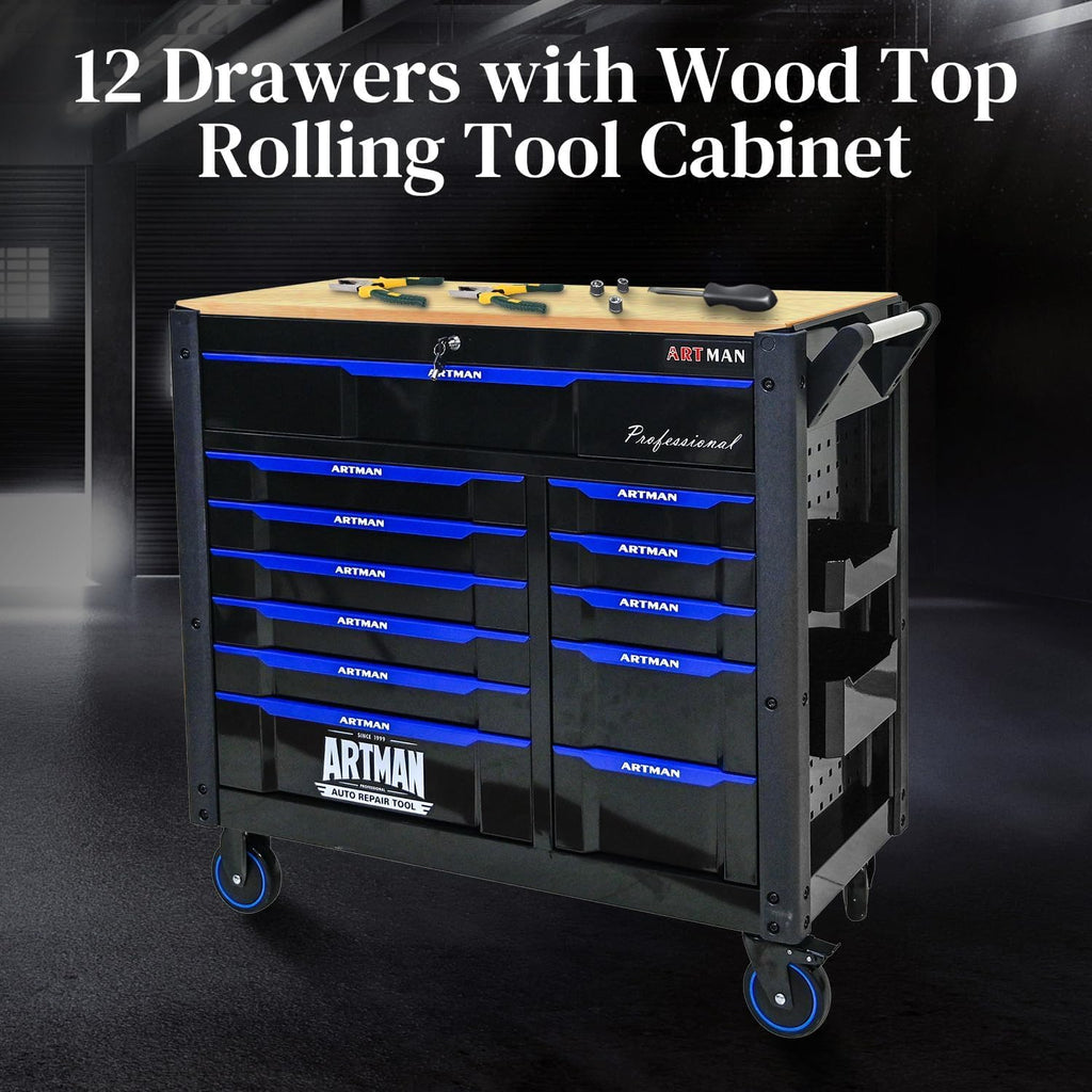 Heavy Duty Rolling Tool Chest with 12-Drawer Tool Cart Mechanic Tool Box with Wheels Tool Storage Cabinet Mobile Workbench Tool Bench for Garage, Workshop, Warehouse, Repair Shop, Wood Top