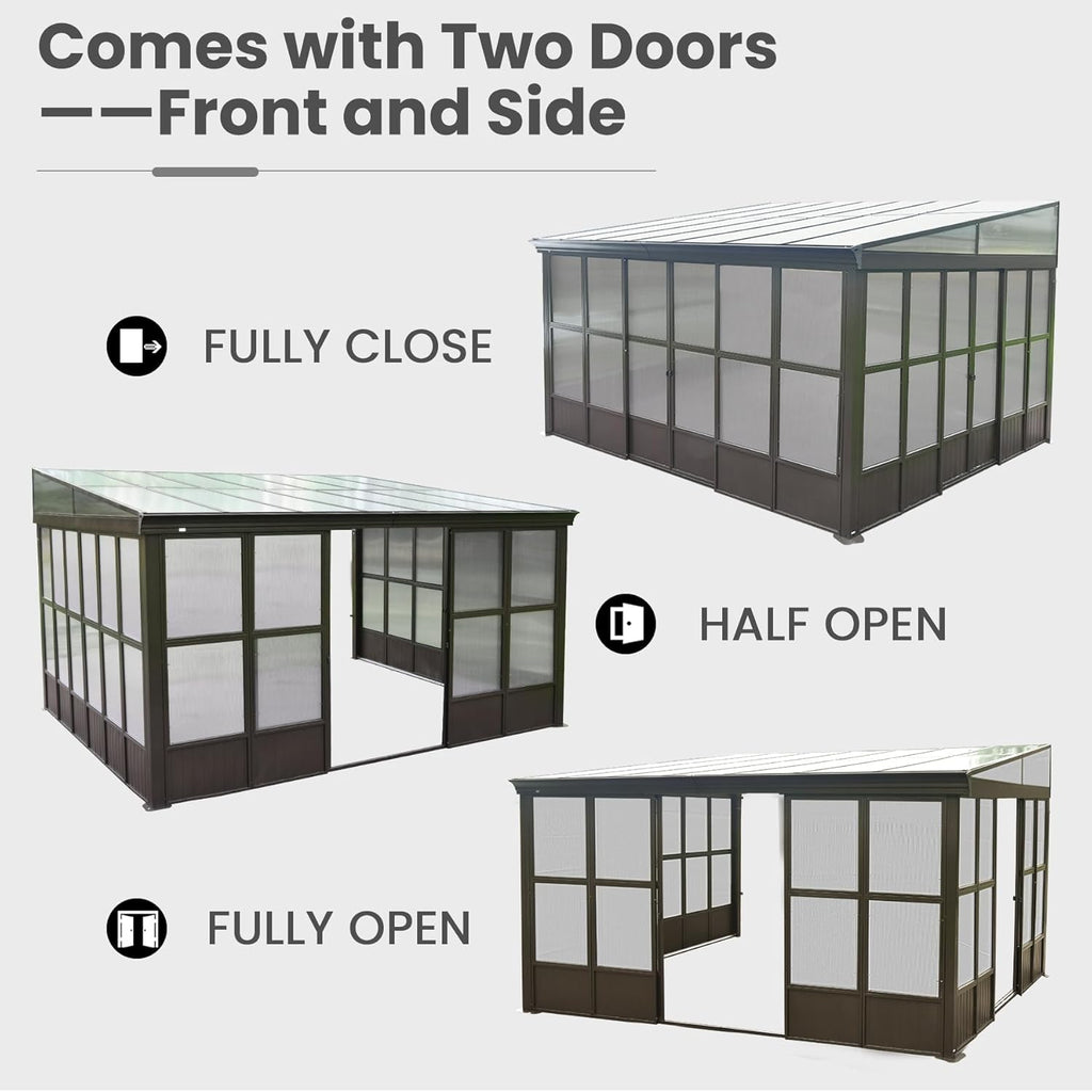 Domi Wall Mounted Sunroom 12x14FT, Wall Solarium with Aluminum PC Sloping Roof, Detachable PC Screen House, Lockable Sliding Front and Side Doors, Outdoor Lean-to Gazebo, Sun Room for Deck Patio