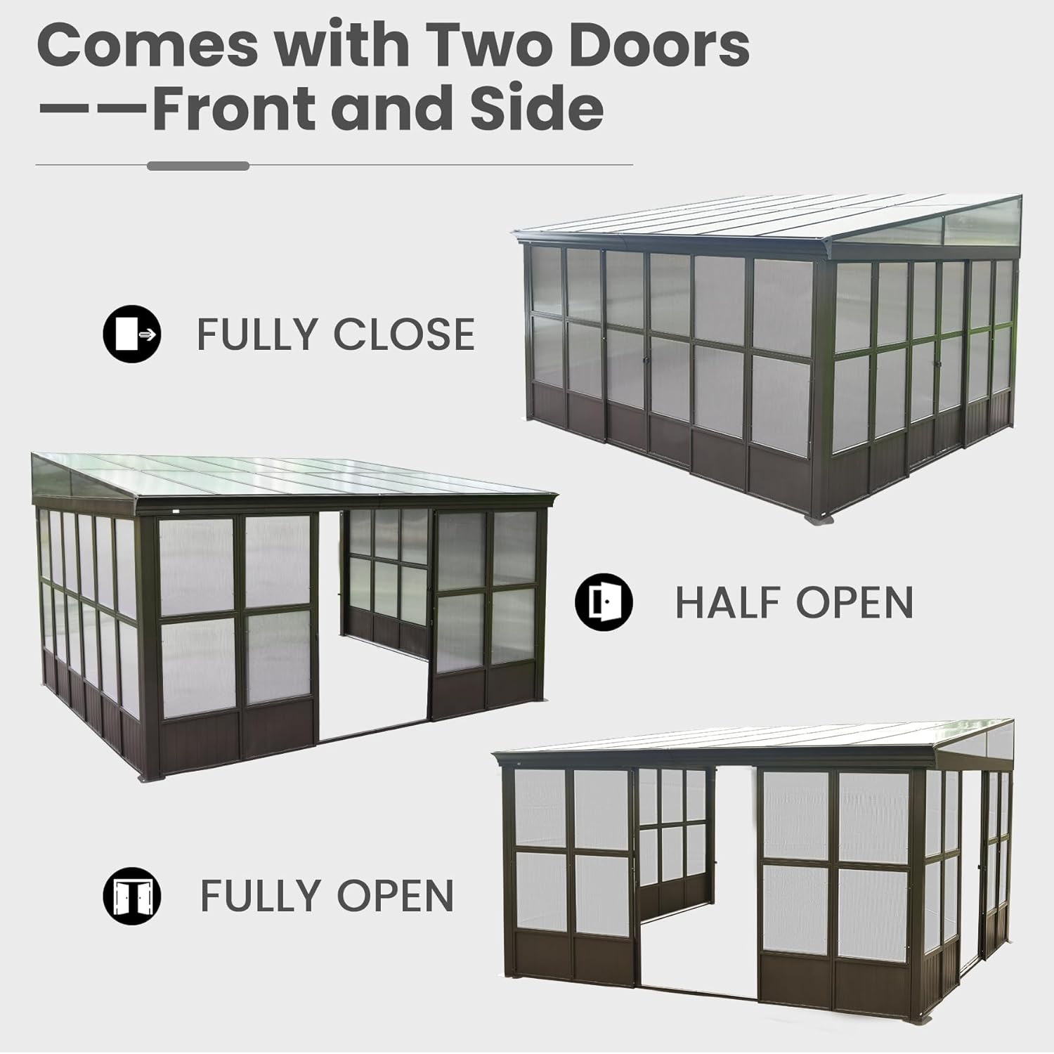 Domi Wall Mounted Sunroom 12x14FT, Wall Solarium with Aluminum PC Sloping Roof, Detachable PC Screen House, Lockable Sliding Front and Side Doors, Outdoor Lean-to Gazebo, Sun Room for Deck Patio