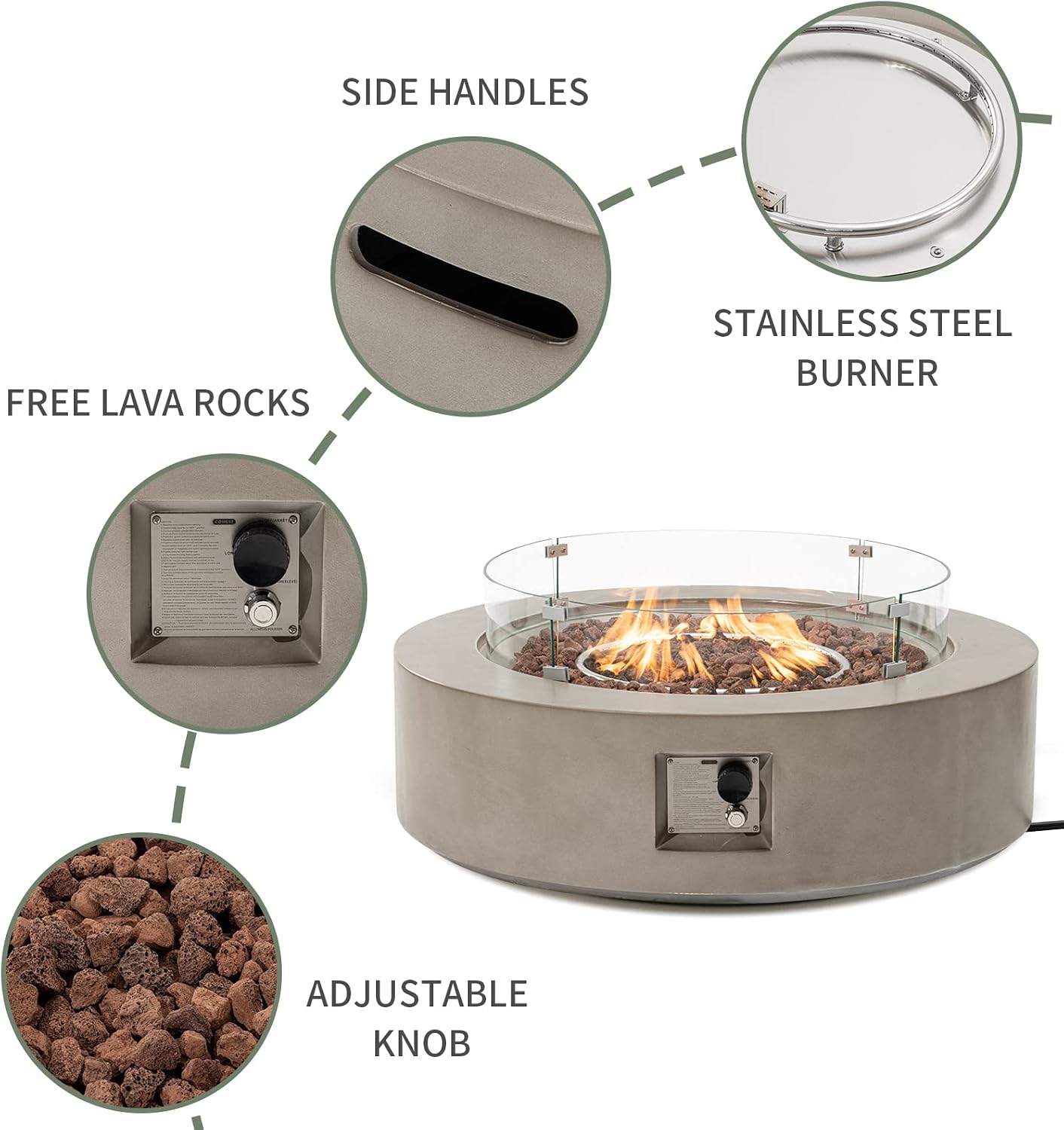 COSIEST 2-Piece Outdoor Propane Firepit Table Set w Tank Table, 42' Fire Table Certified, 50,000 BTU w Gray Round Base,Wind Guard and 16 inches Tank Side Table 20lb for Garden,Pool