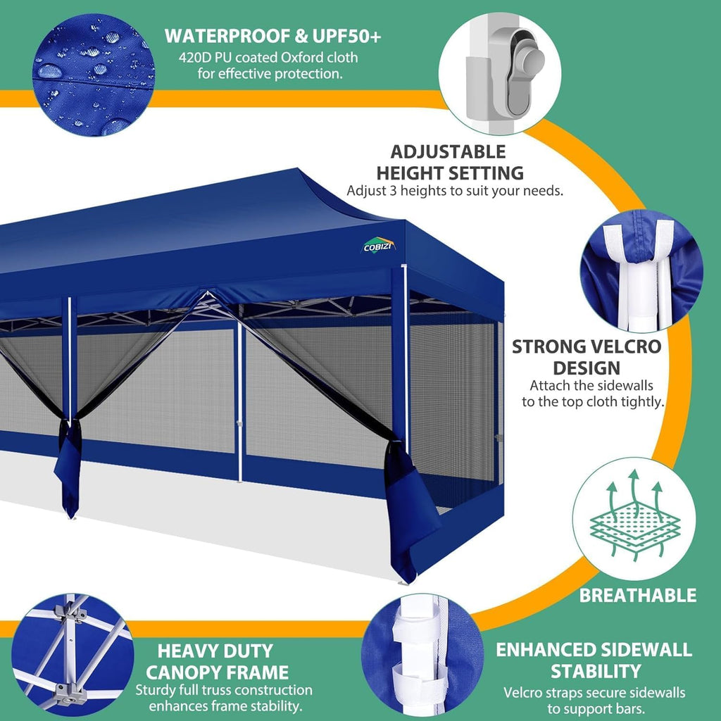 COBIZI 10x30 Pop Up Canopy with Sidewalls, Heavy Duty Canopy with Mosquito Netting, Easy up Screen Party Tents for Parties Backyard Outdoor Commercial Event Gazebo with Roller Bag, Sandbags, Deep Blue