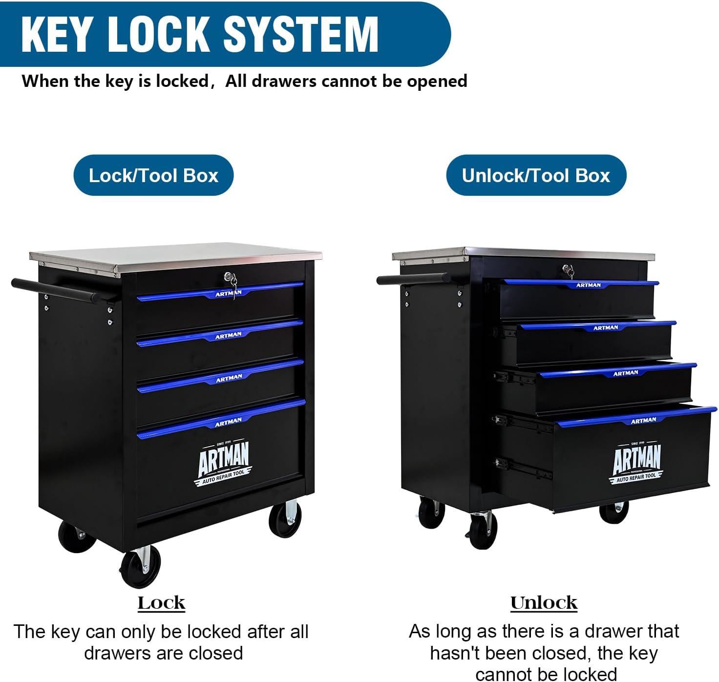 4-Drawer Rolling Tool Chest, Stainless Steel Countertop Mobile Tool Cabinet with Key Lock, 360° Swivel Wheels & Padded Feet, Portable Tool Storage Box for Home Garage Workshop, Black & Blue