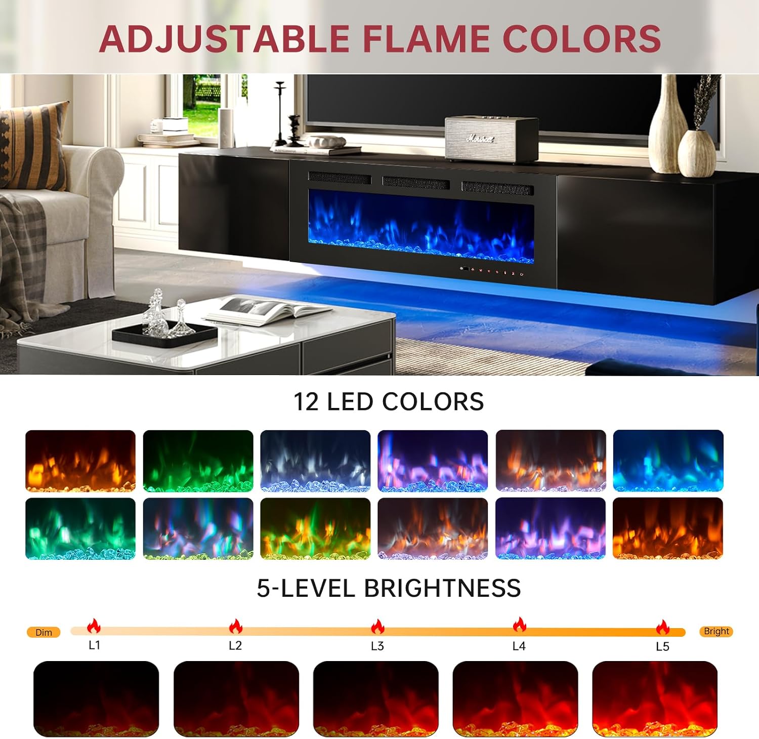 oneinmil 80' Floating TV Stand with 40' Electric Fireplace, Modern Entertainment Center with Storage, Adjustable 12-Color LED Lights, Fire Place TV Console for Living Room, All Black