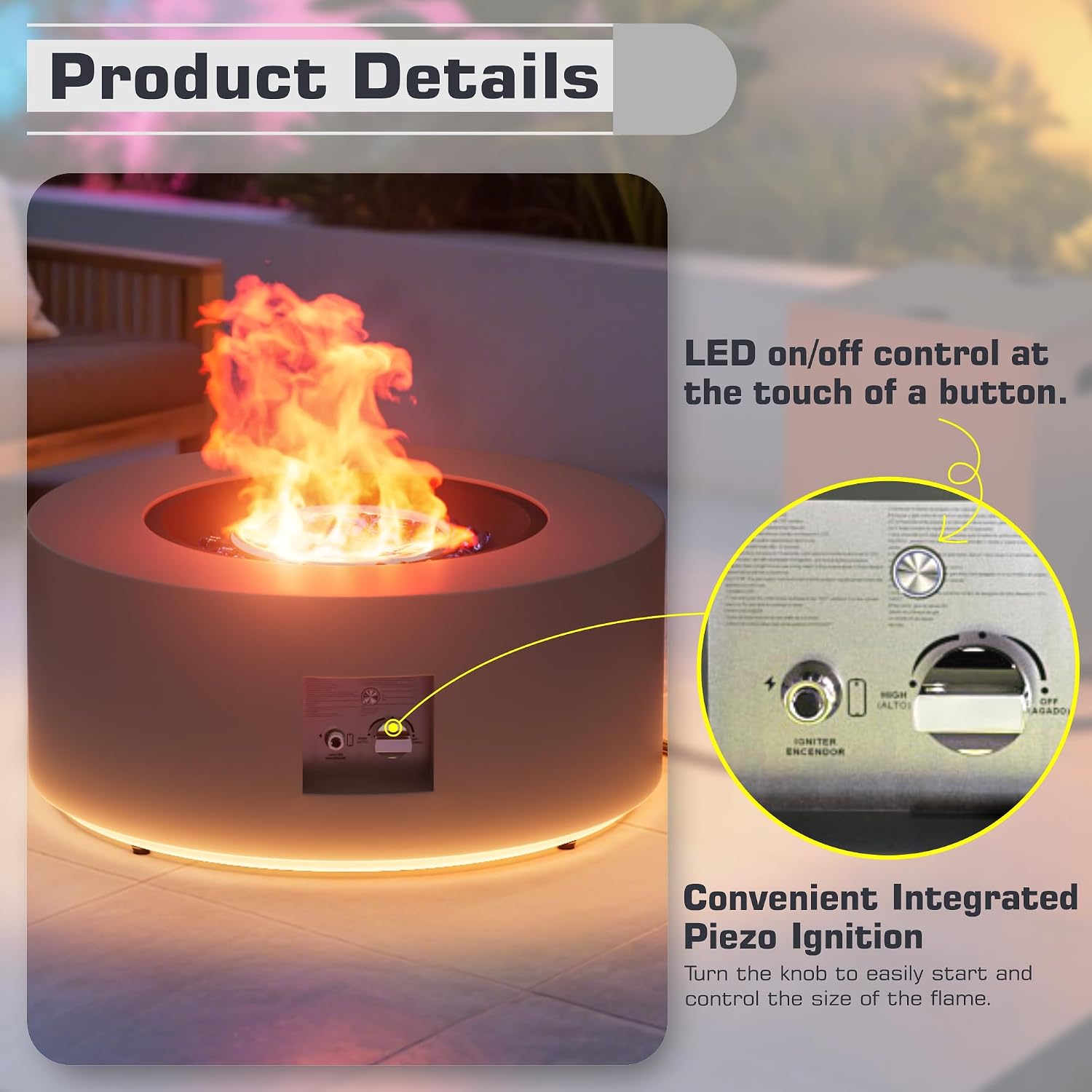 2-Piece 30' LED Round Propane Fire Pit for Outside Patio with Hidden Tank Table, 50,000 BTU Fireplaces with Lid, Glass Rocks, Cover(Dark Grey w/Golden Light)