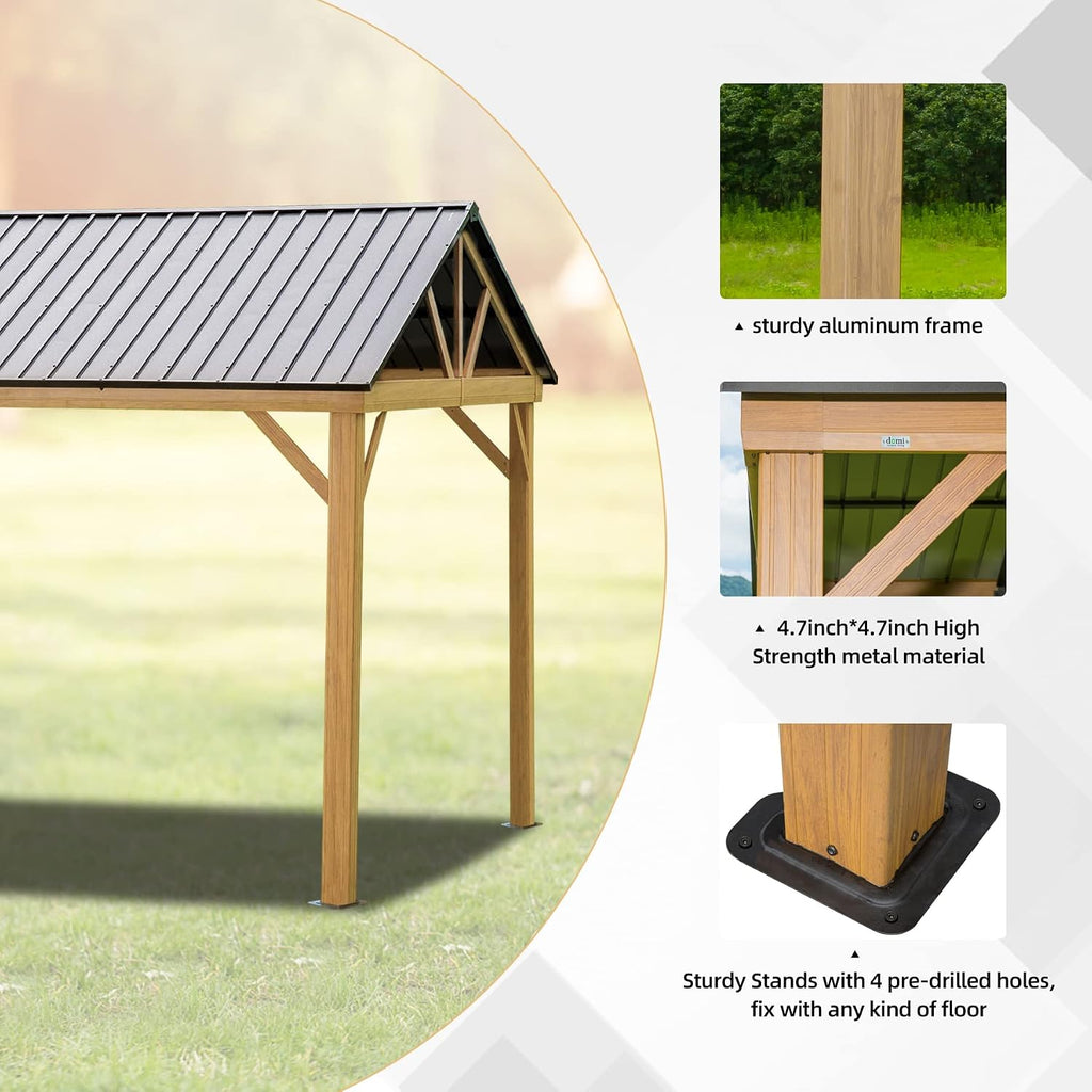 Domi 12'x14' Hardtop Gazebo Outdoor Aluminum Gazebo with Galvanized Steel Gable Roof for Lawn and Garden(Wood-Looking)