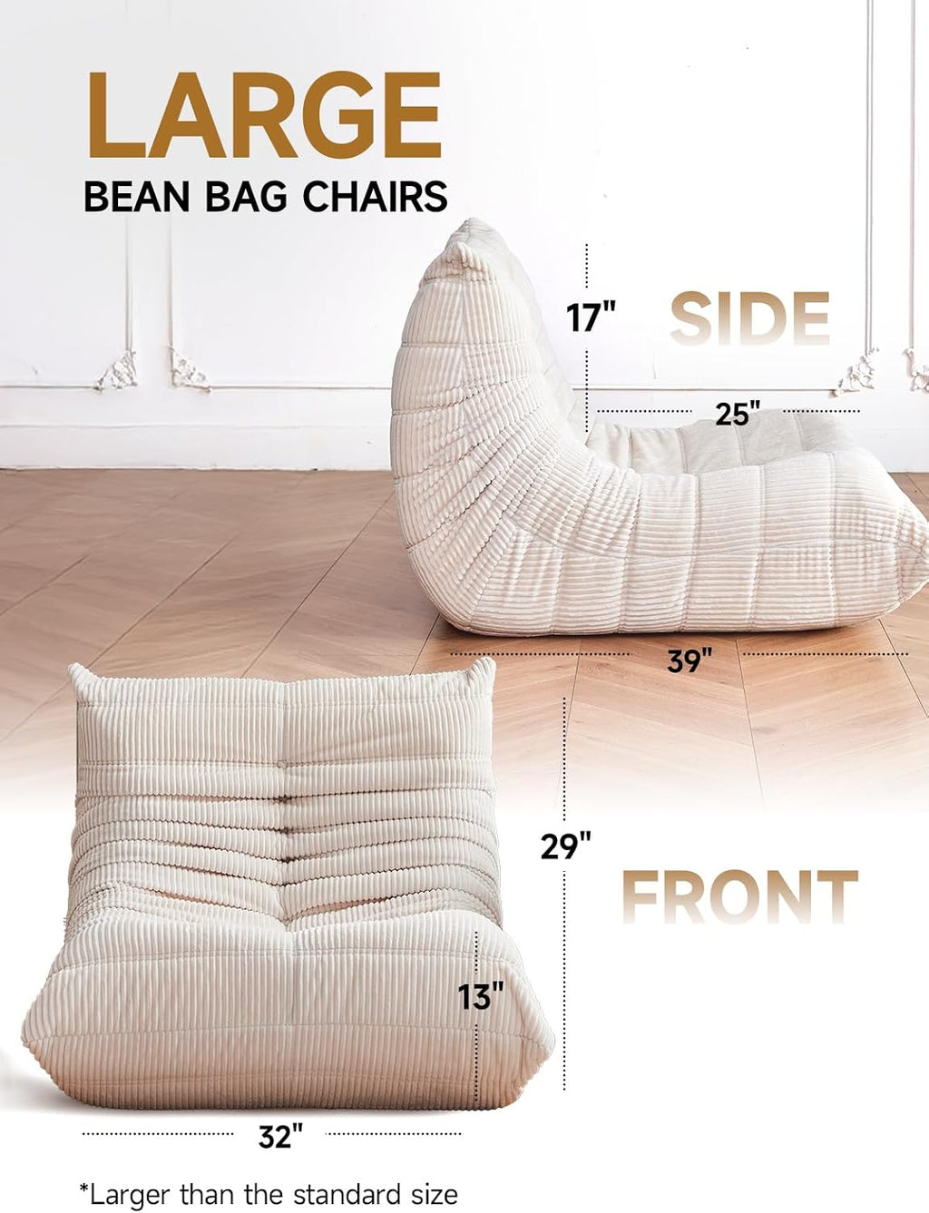 ZCUBED Large Bean Bag Chairs for Adults, Memory Foam Lounge Chair, Soft Corduroy Big Bean Bag Chair Lazy Sofa, Comfy Floor Beanbag Chair Single Sofa for Bedroom Living Room Fireside Book Nook, Beige