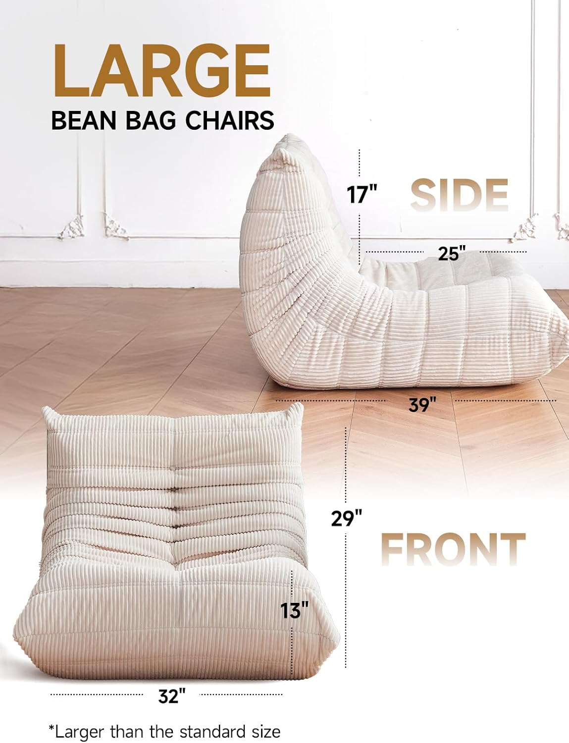ZCUBED Large Bean Bag Chairs for Adults, Memory Foam Lounge Chair, Soft Corduroy Big Bean Bag Chair Lazy Sofa, Comfy Floor Beanbag Chair Single Sofa for Bedroom Living Room Fireside Book Nook, Beige