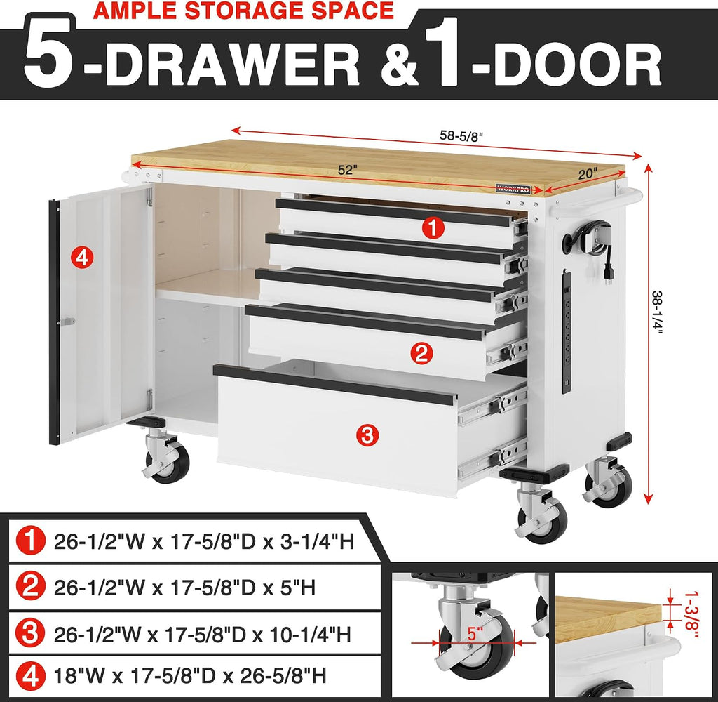 WORKPRO 52' x 20' 5-Drawer & 1-Door Rolling Tool Chest, Heavy Duty Tool Chest with Wheels, Power Strip, Locking System, Rolling Cabinet for Garage, Home & Kitchen, 1000 lbs Capacity