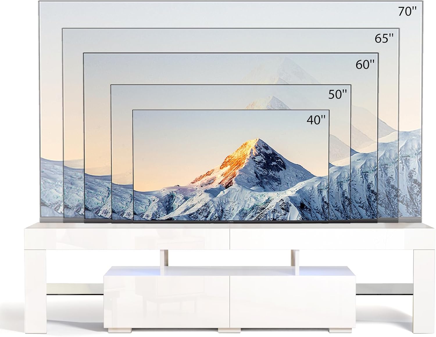Bonnlo 63' LED TV Stand, Modern White Entertainment Center with Storage and LED Lights for 55/60/65/70 Inch TVs, High Gloss Design for Living Room and Bedroom (White, 63'' x 14'' x 18'')
