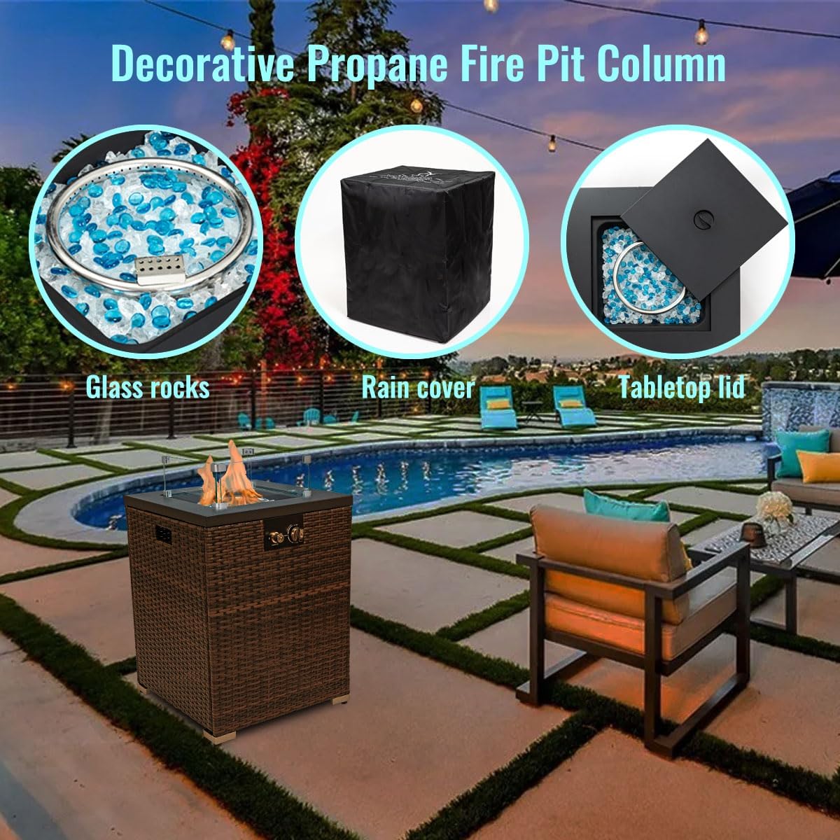 22in Outdoor Propane Gas Fire Pit Table, 40,000 BTU Auto-Ignition Gas Firepit with Glass Wind Guard, Painted Steel Tabletop, Mixed Color Glass Rocks, Brown PE Rattan