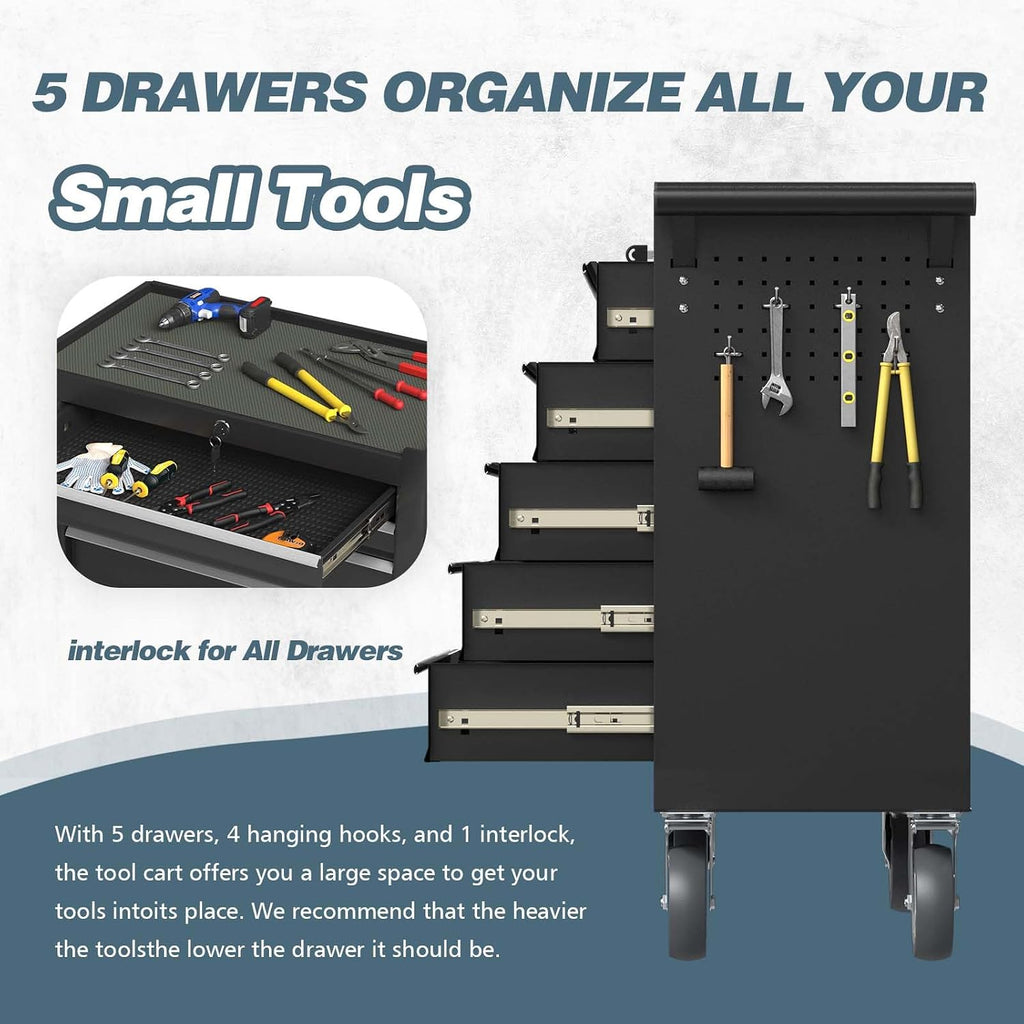 5-Drawer Tool Chest, Rolling Tool Box with Wheels, High Capacity Detachable Mobile Tool Storage Cabinet for Workshop, Garage, Mechanics and Repair Room (Black, 5-Drawer)