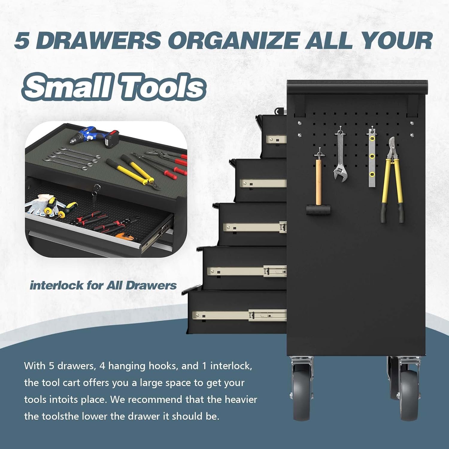 5-Drawer Tool Chest, Rolling Tool Box with Wheels, High Capacity Detachable Mobile Tool Storage Cabinet for Workshop, Garage, Mechanics and Repair Room (Black, 5-Drawer)