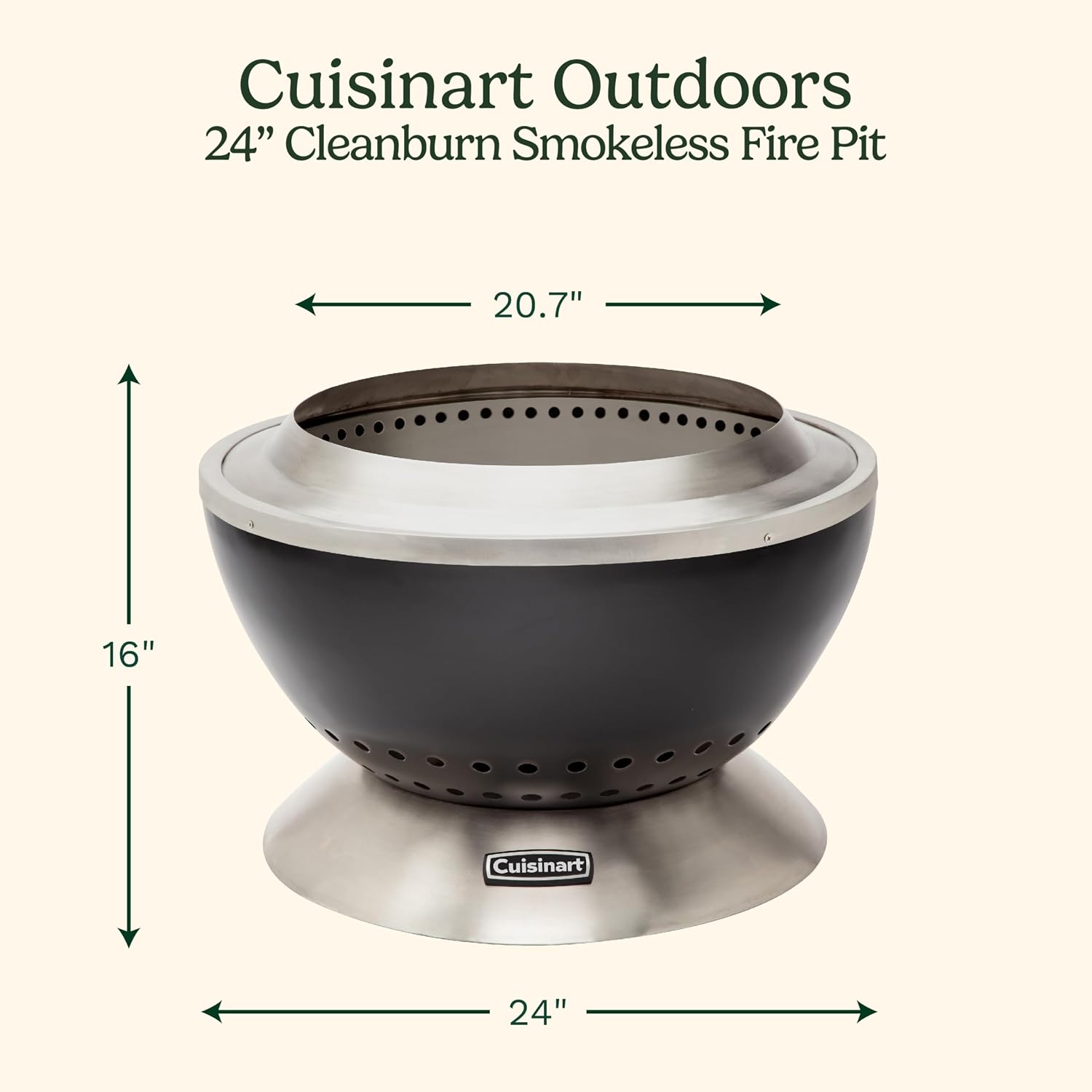 Cuisinart 24' Cleanburn Smokeless Fire Pit with Removable Base for Ash, Portable Wood Burning Outdoor Fireplace, Stainless Steel Smoke Free Outdoor Heater, Enhanced Airflow and Easy Cleanup