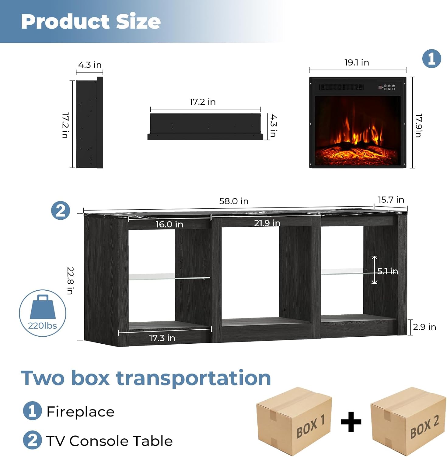 Electric Fireplace TV Stand for TVs Up to 65', 58' Entertainment Center Console Table with 18' Fireplace/LED Light/Power Outlet/Adjustable Shelves/Faux Marble Top for Living Room, Black