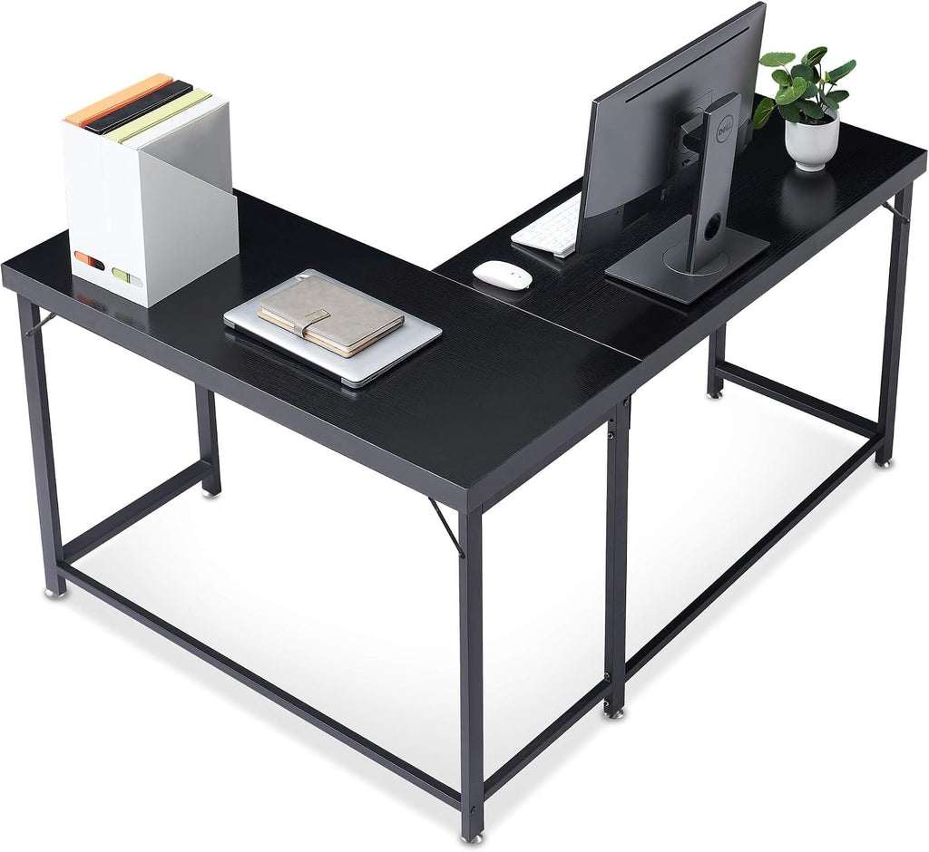 ivinta L Shaped Desk, Modern Corner Home Office Computer Desk with 2' Thicker Desktop for Study Work, Simple Reversible Worksation with Metal Frame for Bedroom Living Room Novas (Black)