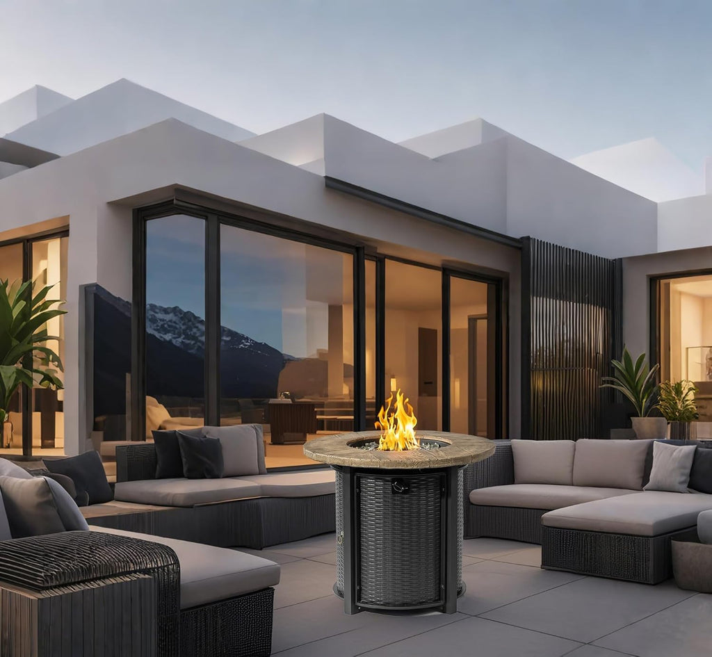 30'' Concrete Round Gas Fire Pit, 50,000 BTU Steel Outdoor Fire Tables, Fire Table with Lid, Add Warmth & Ambience to Gatherings and Parties On Patio Deck Garden Backyard.