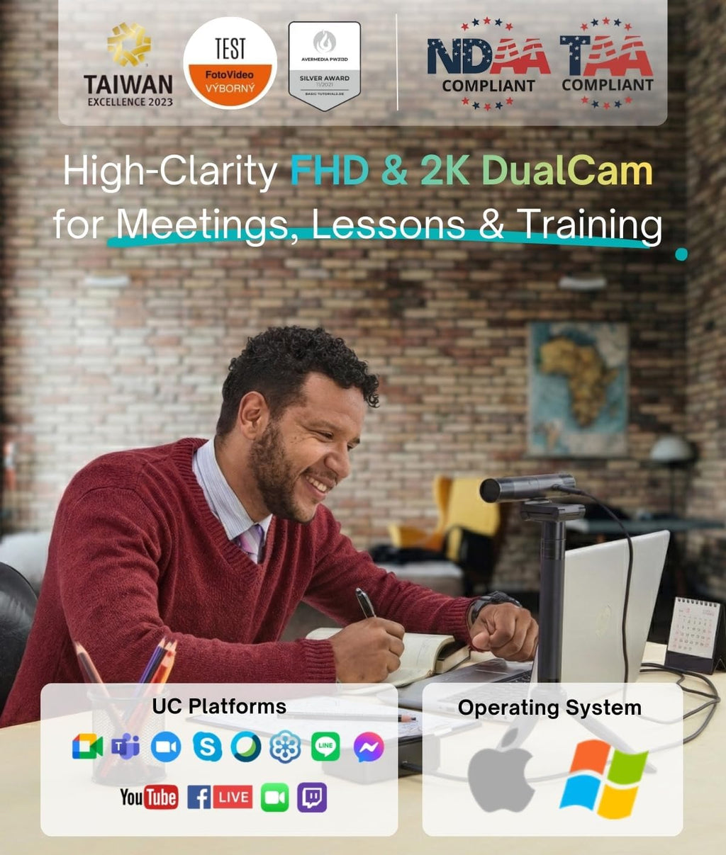 AVerMedia PW313D DualCam 2K Document Camera and Webcam for PC/Mac/Laptop, Autofocus, AI Noise Reduction, Online Teaching, Works with Zoom/Teams/Google Meet, Includes Tripod, TAA/NDAA Compliant
