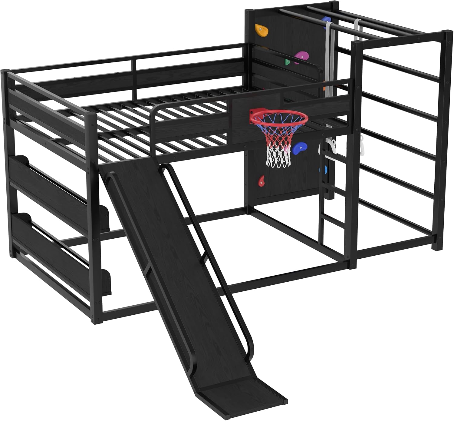 SOFTSEA Full Size Metal Loft Bed with Slide, Heavy Duty Bunk Bed with Bookshelves, Basketball Hoop, Climbing Wall & Pull Up Rings for Kids Teens, Playful Basketball Slide Bed Loft Bed Frame, Black