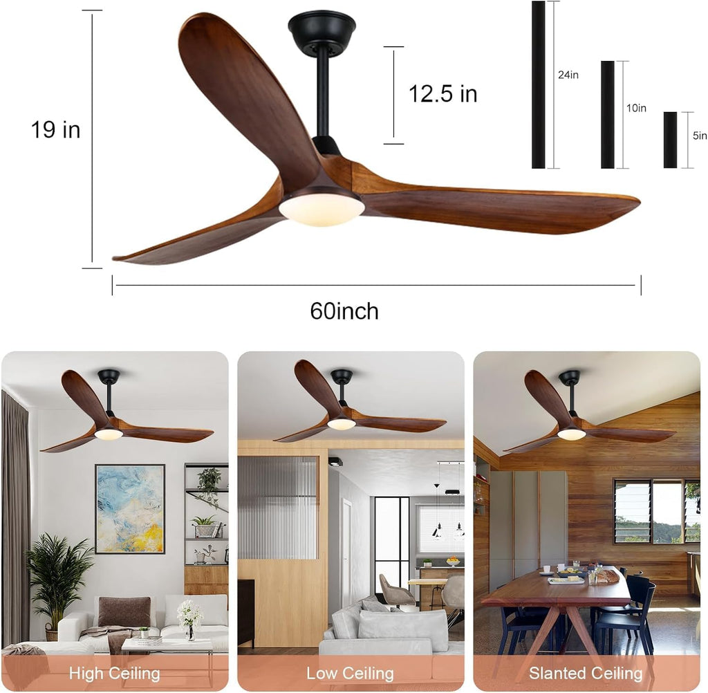 60 Inch Outdoor Ceiling Fan with Light and Remote, Rustic Farmhouse Ceiling Fan with Lights, 3 Blades Wood Ceiling Fan Large Damp Rated Indoor Outdoor Ceiling Fan for Exterior House Porch Gazebo