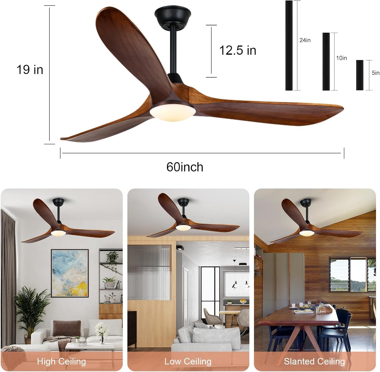 60 Inch Outdoor Ceiling Fan with Light and Remote, Rustic Farmhouse Ceiling Fan with Lights, 3 Blades Wood Ceiling Fan Large Damp Rated Indoor Outdoor Ceiling Fan for Exterior House Porch Gazebo