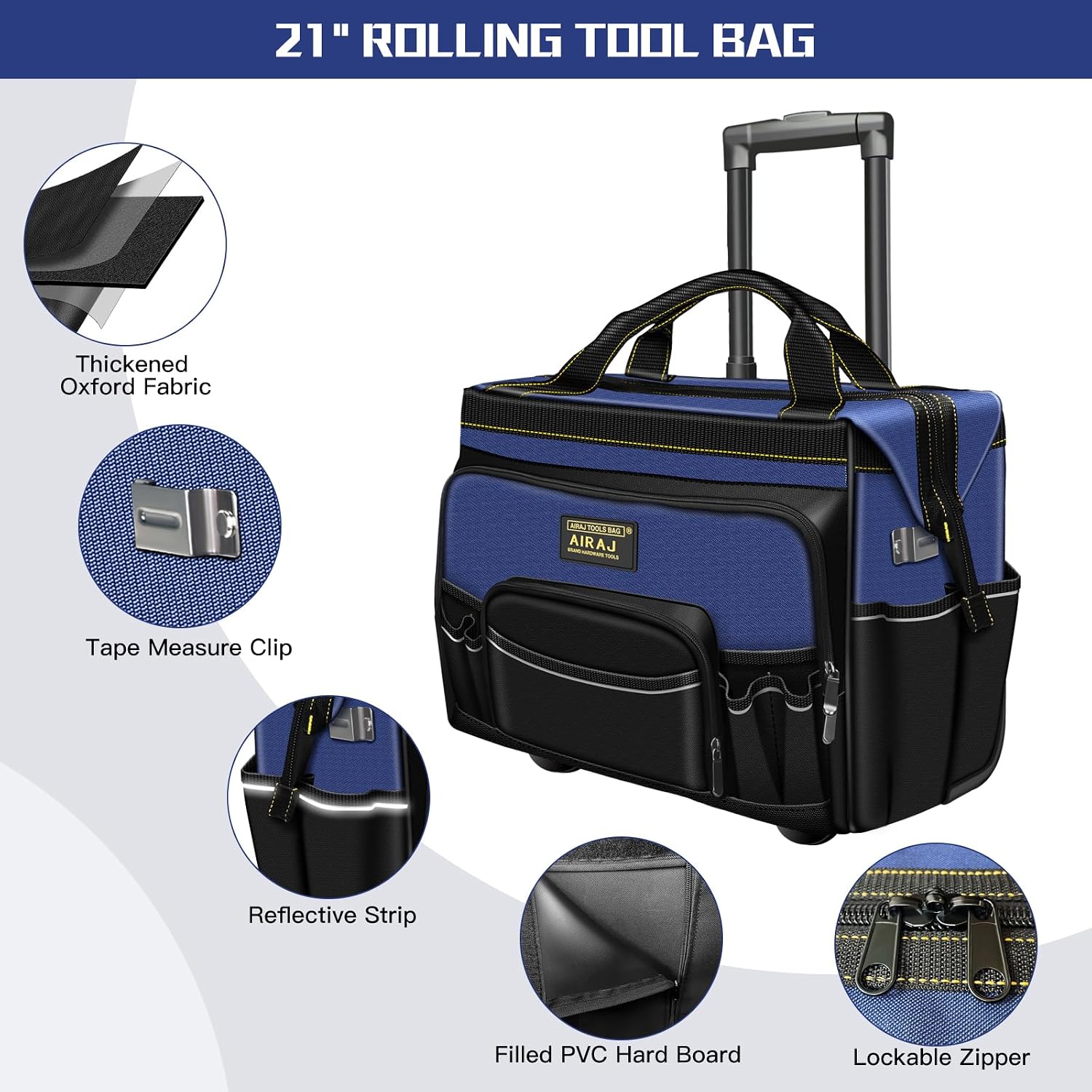 AIRAJ 21' Rolling Tool Bag with Wheels & 18' Tool Backpack Set | Adjustable Telescoping Handle | Waterproof Tool Bag | Tool Backpack Heavy Duty | 1680D Oxford Cloth | USB Charging Port | 55 Pockets