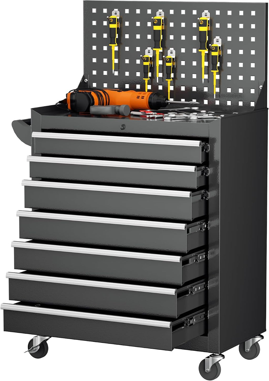 INTERGREAT 7 Drawers Rolling Tool Box with Pegboard,Portable Tool Chest with Wheels, Tool Box Organizer with Locking System for Garage(Black)
