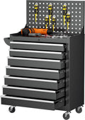 INTERGREAT 7 Drawers Rolling Tool Box with Pegboard,Portable Tool Chest with Wheels, Tool Box Organizer with Locking System for Garage(Black)