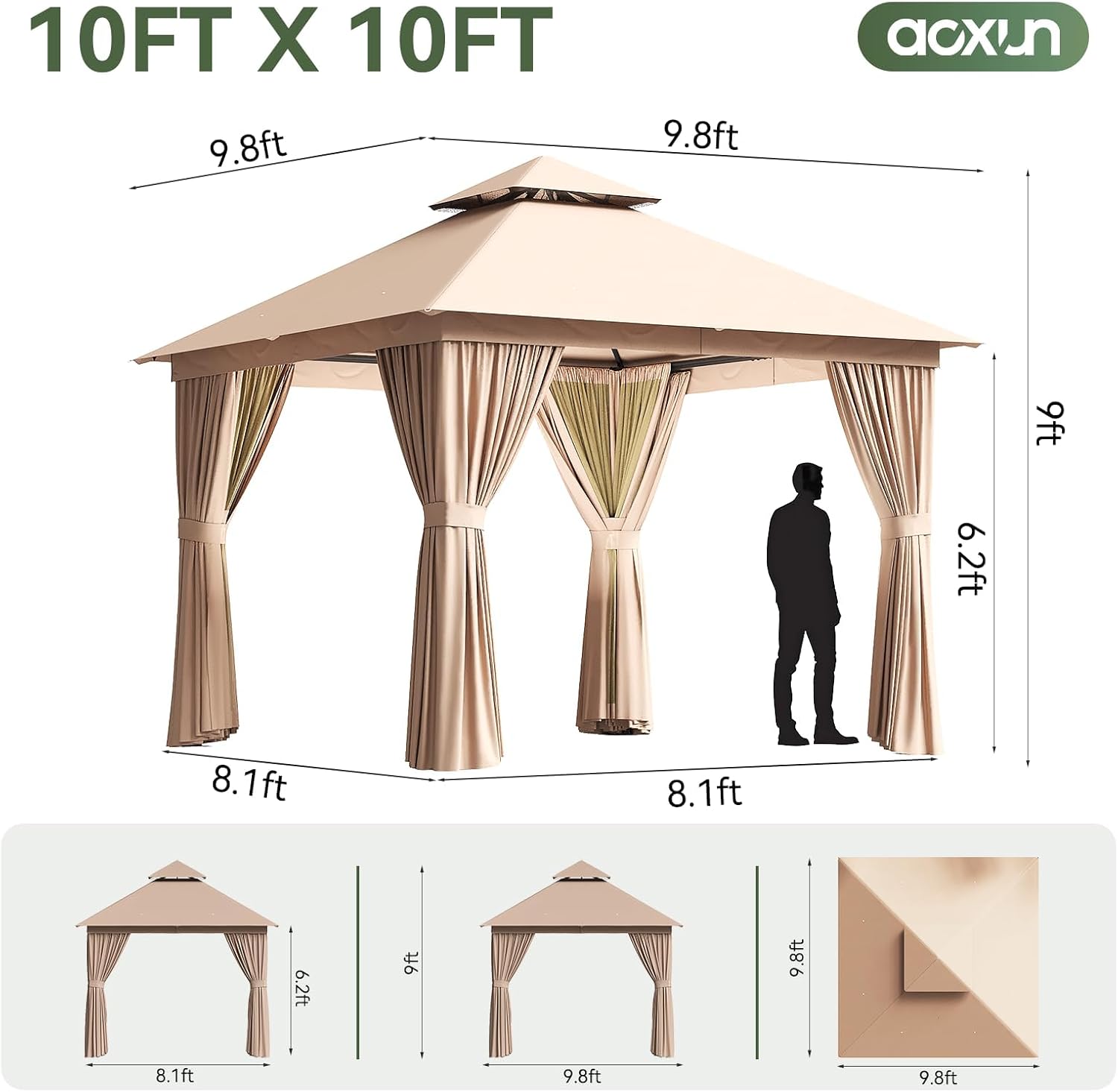 Aoxun 10x10 Outdoor Gazebo with 50FT LED Hanging Lights Metal Frame Canopy with Double Roofs Heavy Duty Party Tent Shelter with Mosquito Netting and Privacy Screen for Backyard, Lawn, Garden(Khaki)