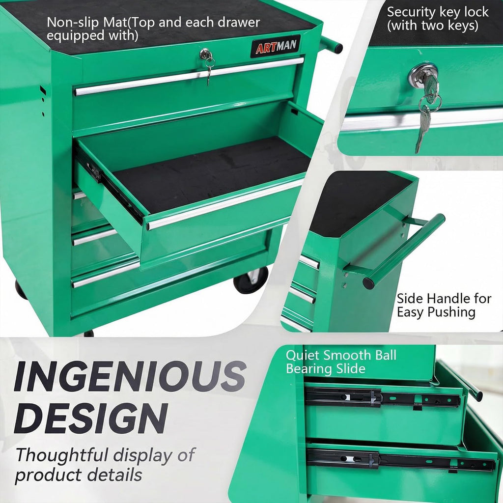 5 Drawers Tool Cart on Wheels,Rolling Tool Chest Tool Storage,Drawers Rolling Tool Trolley Organizer Tool Case for Garage, Warehouse, Workshop, Repair Shop (5 Drawers-Green)
