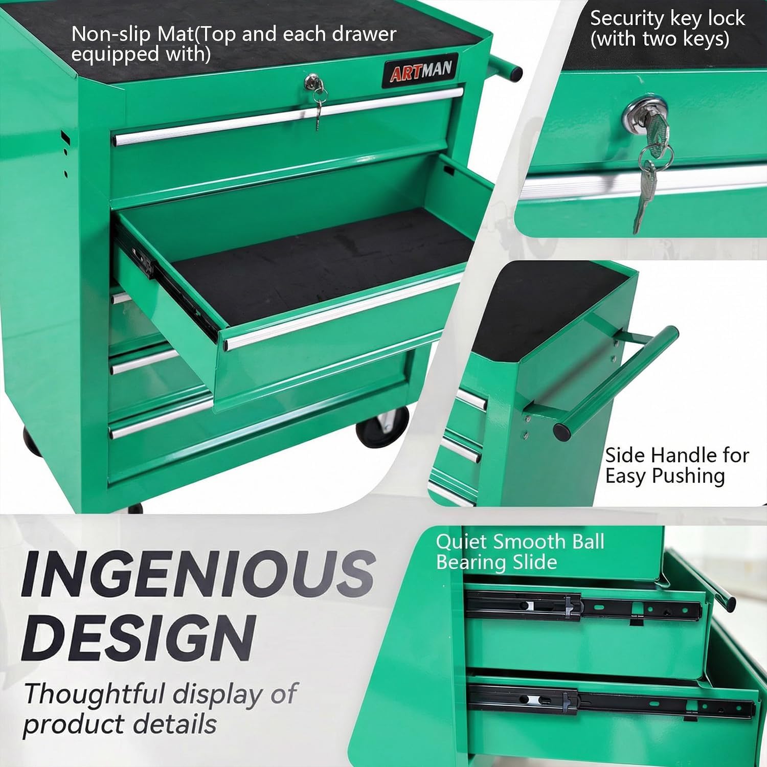 5 Drawers Tool Cart on Wheels,Rolling Tool Chest Tool Storage,Drawers Rolling Tool Trolley Organizer Tool Case for Garage, Warehouse, Workshop, Repair Shop (5 Drawers-Green)