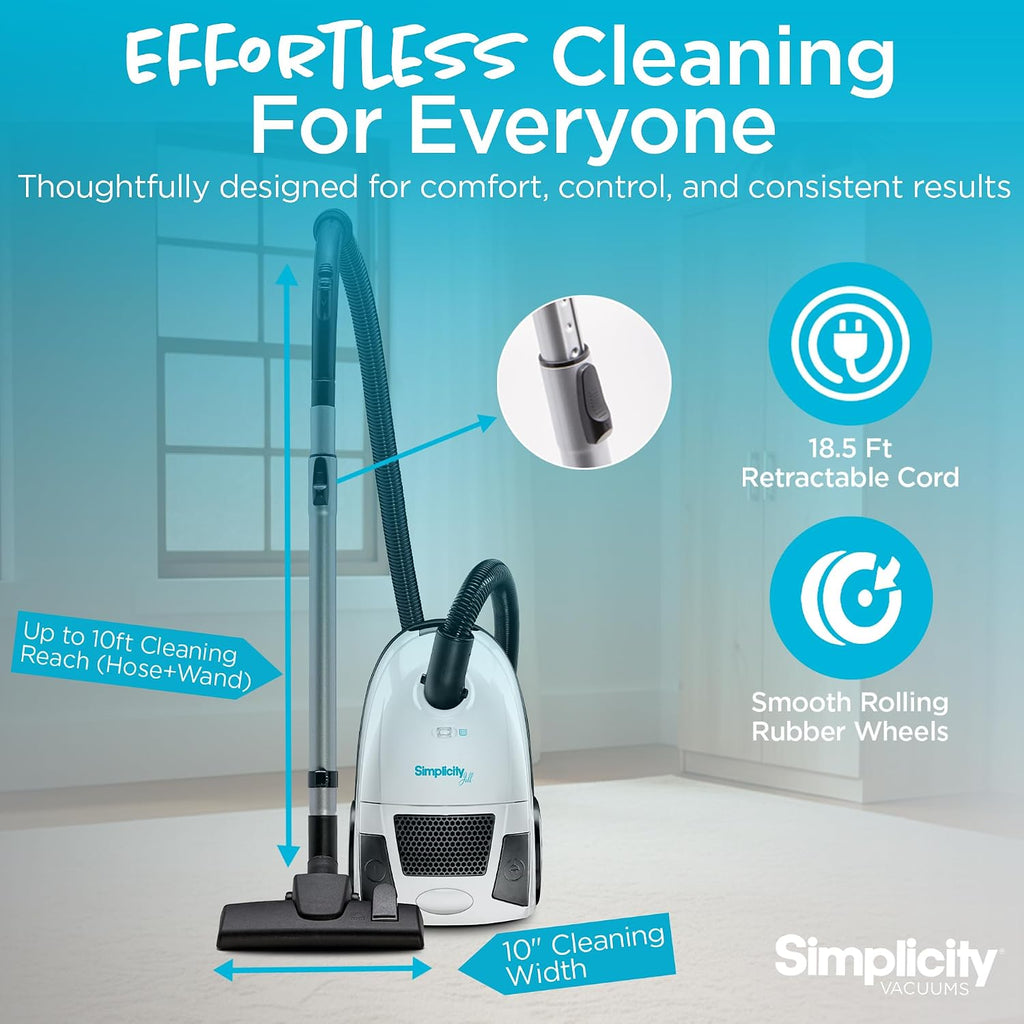Simplicity Vacuums Jill Lightweight Bagged Canister Vacuum Cleaner – Bagged Vacuum Cleaner with Certified HEPA Filter, Adjustable Suction, Suitable for Floor and Rug Cleaning