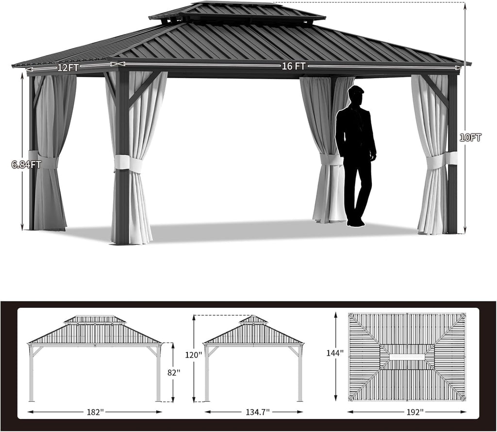 oneinmil Hardtop Gazebo 12FT X 16FT, Outdoor Pergolas with Mosquito Netting and Curtains, Galvanized Steel Double Roof Permanent Aluminum Gazebo, for Gardens, Decks, Patios, Parties